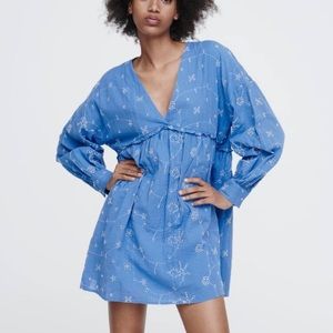 NWT ZARA Blue Embroidered Popover  Dress